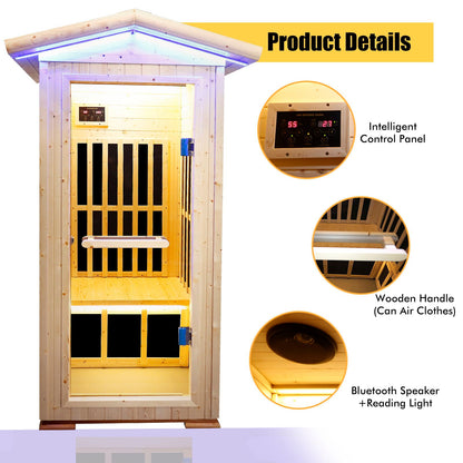 Single person spruce infrared sauna with Bluetooth audio, natural wood finish, control on Tampa Home & Garden Store