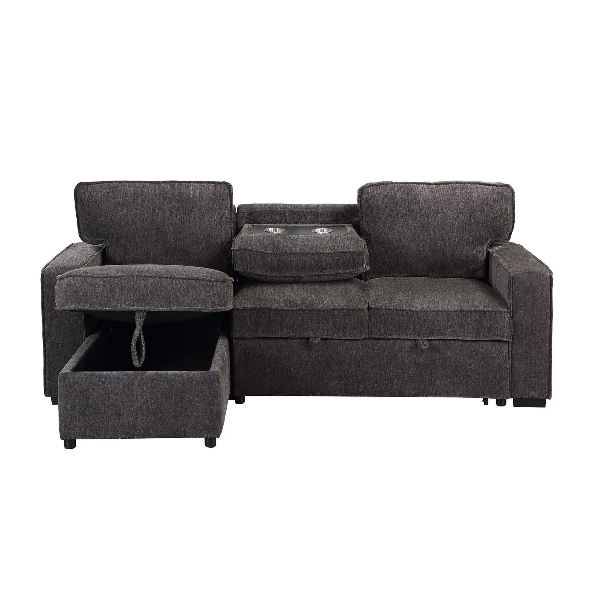 Territory pull-out sofa bed sleeper sectional in dark gray fabric with console cup holders on Tampa Home & Garden Store