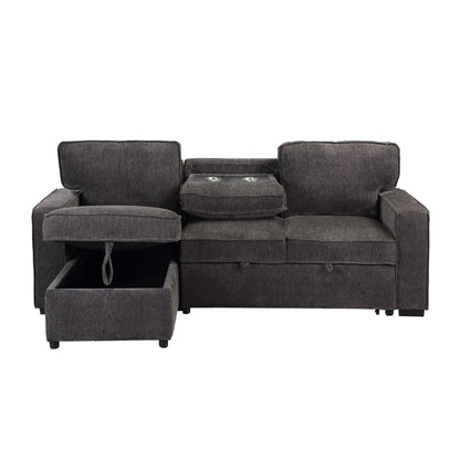 Territory pull-out sofa bed sleeper sectional in dark gray fabric with console cup holders on Tampa Home & Garden Store