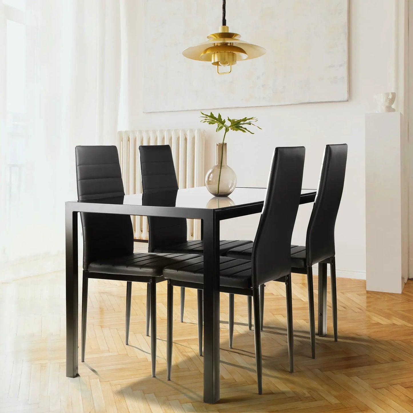5 Piece dining set for 4 with glass top black leather chairs on Tampa Home & Garden Store
