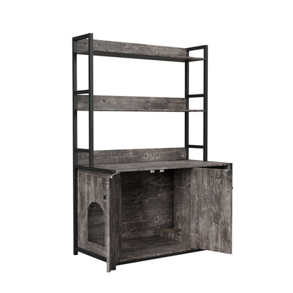Large Cat Litter Box Enclosure With Shelf Storage in wood finish with black metal frame on Tampa Home & Garden Store