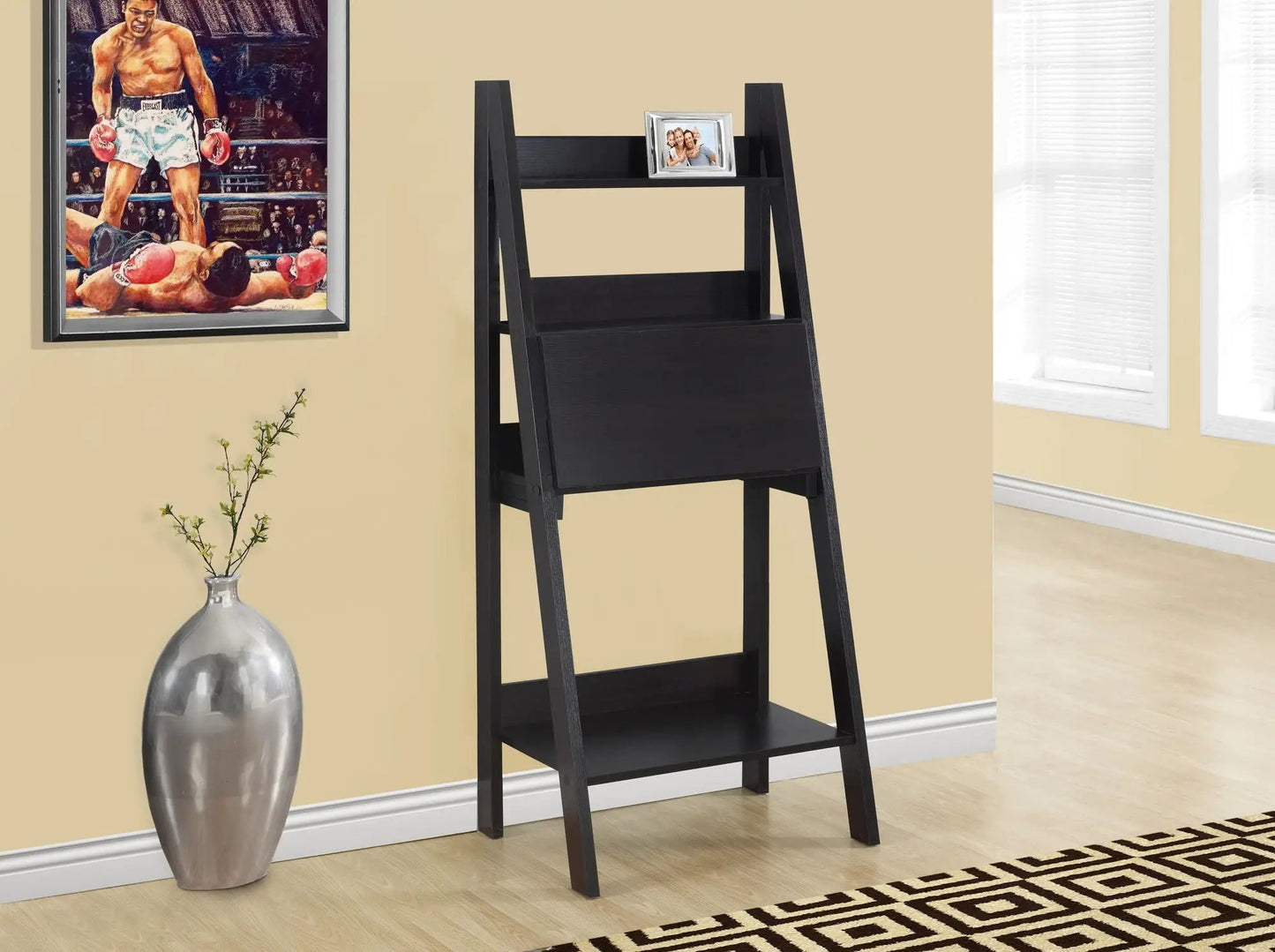 Leaning black computer desk with two shelves and top photo frame by Unique Piece Furniture on Tampa Home & Garden Store