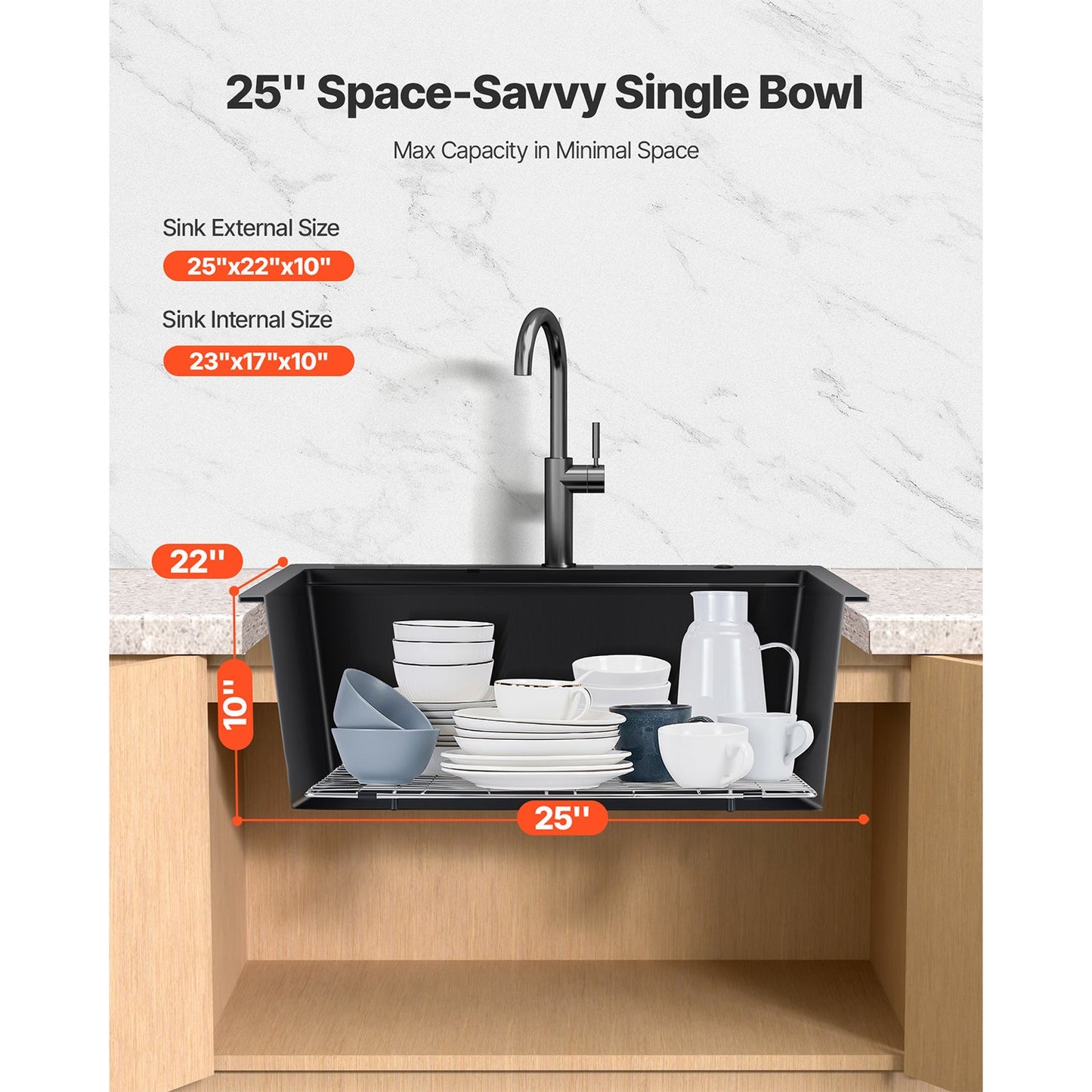 25in granite top-mount single-bowl drop-in kitchen sink for RV/bar, black finish on Tampa Home & Garden Store