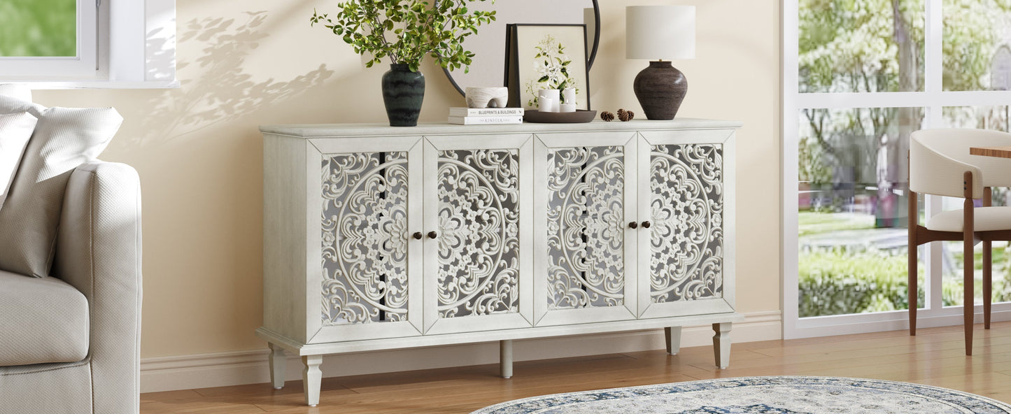 60in Antique Buffet Cabinet with Floral Carvings and Solid Wood Legs in white HouseOfZazla on Tampa Home & Garden Store