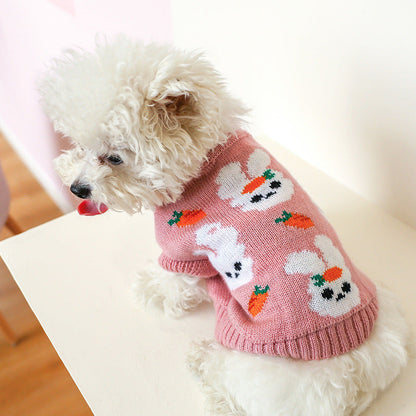 Bowknot pink hollow-knit dog sweater with bunny faces and carrot accents Pet Zen on Tampa Home & Garden Store