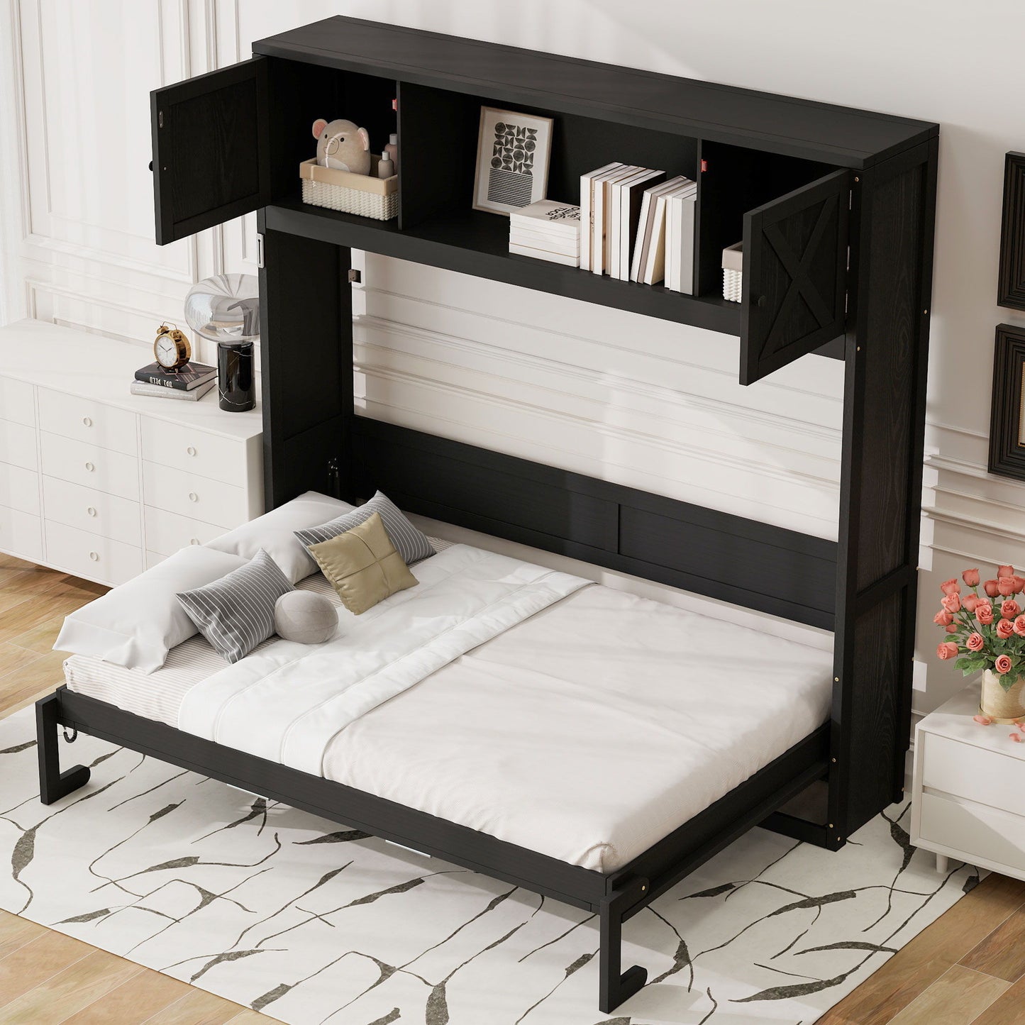 Murphy Bed With Storage Cabinets by HouseOfZazla in black wood finish with open shelves on Tampa Home & Garden Store