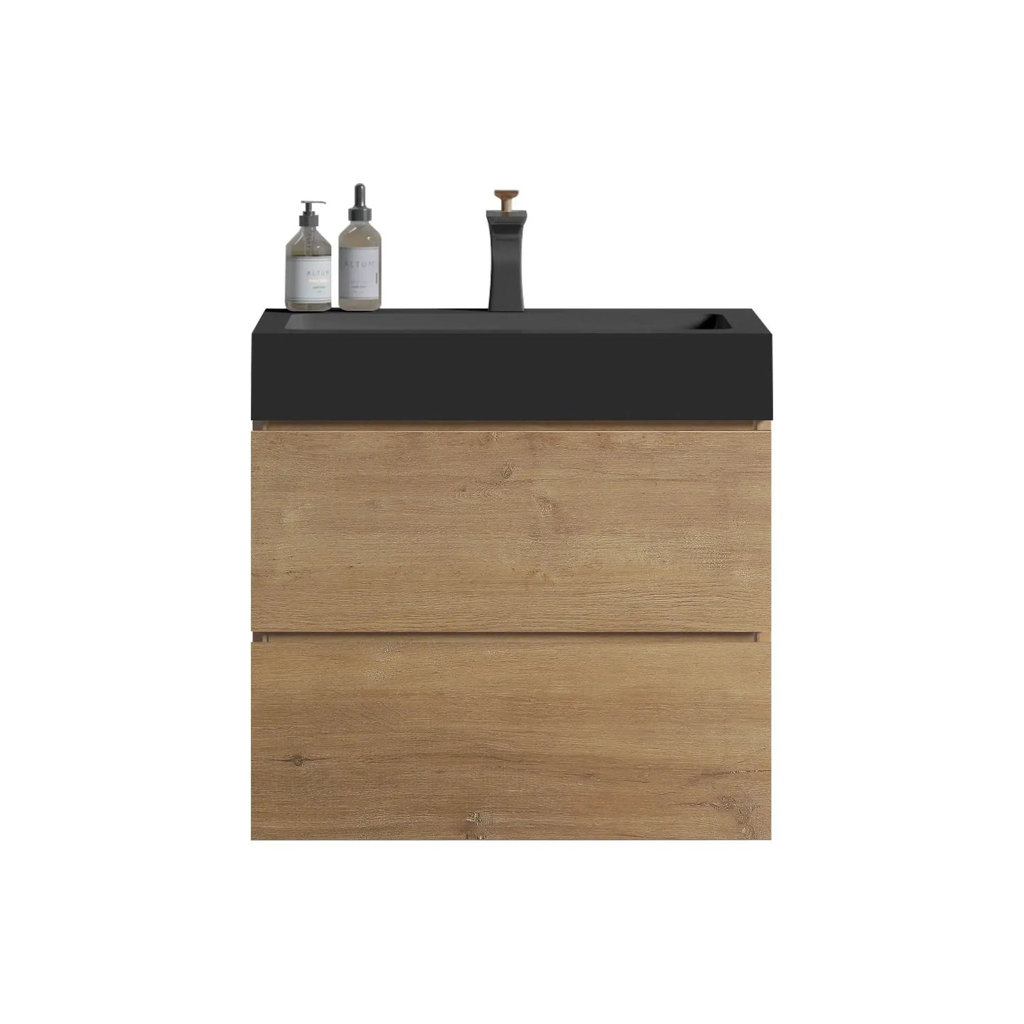 Alice Natural Oak floating vanity with sink and black top, base and faucet, two bottles on counter on Tampa Home & Garden Store