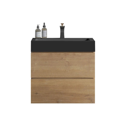Alice Natural Oak floating vanity with sink and black top, base and faucet, two bottles on counter on Tampa Home & Garden Store