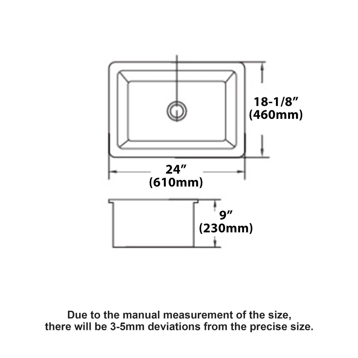 Rectangular deep single bowl undermount sink HouseOfZazla, 24x18-1/8 inch center drain on Tampa Home & Garden Store