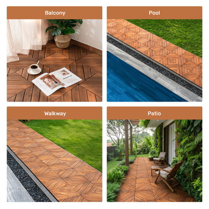 Interlocking deck tiles with diagonal pattern in warm brown wood for balcony and poolside on Tampa Home & Garden Store