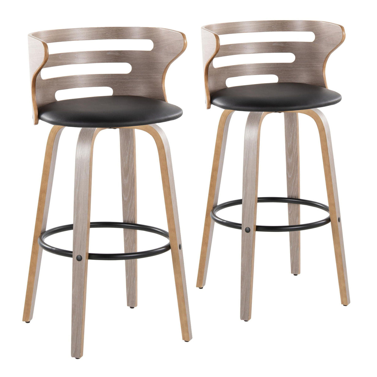 Mid-century modern bar stools set with fixed height, curved wood backs, black seats, 2-pack on Tampa Home & Garden Store