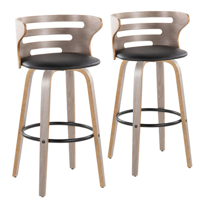 Mid-century modern bar stools set with fixed height, curved wood backs, black seats, 2-pack on Tampa Home & Garden Store
