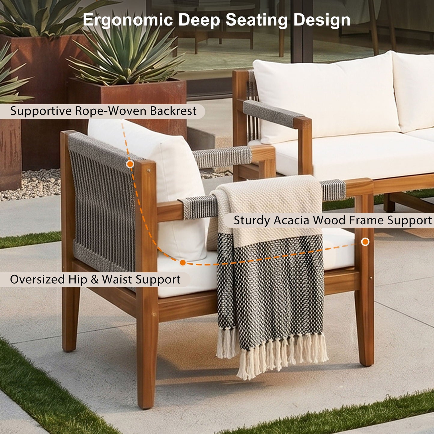 3 Piece Outdoor Sectional Sofa Set HouseOfZazla with acacia frame and white cushions on Tampa Home & Garden Store