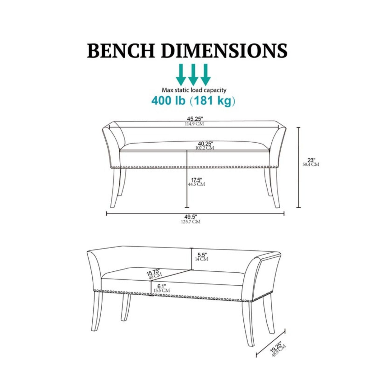 Welburn upholstered bench with low back and flared arms in blue or beige fabric; 400 lb capacity on Tampa Home & Garden Store
