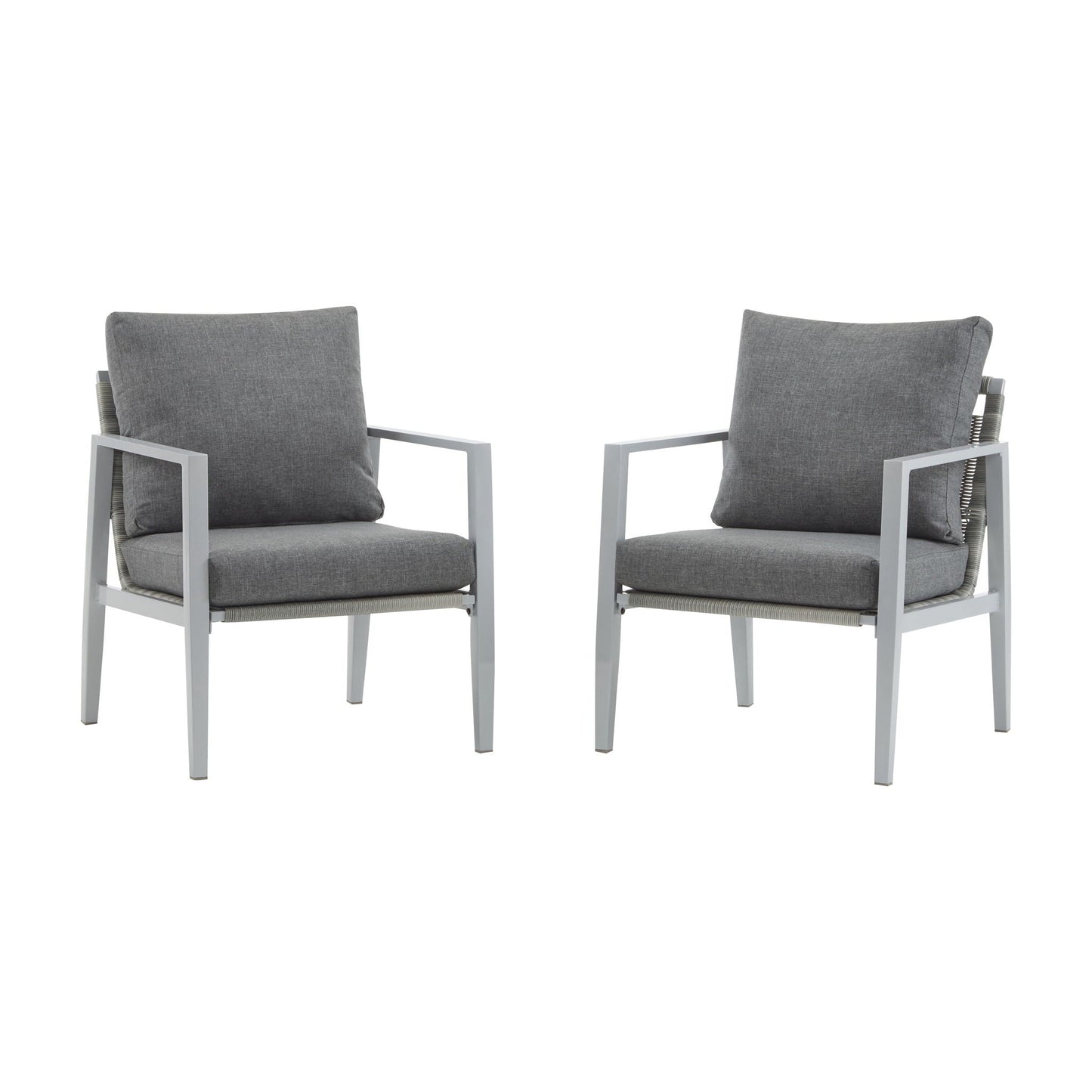 Two gray arm chairs with metal frames and rope-wrapped sides, cushioned seats and backs on Tampa Home & Garden Store