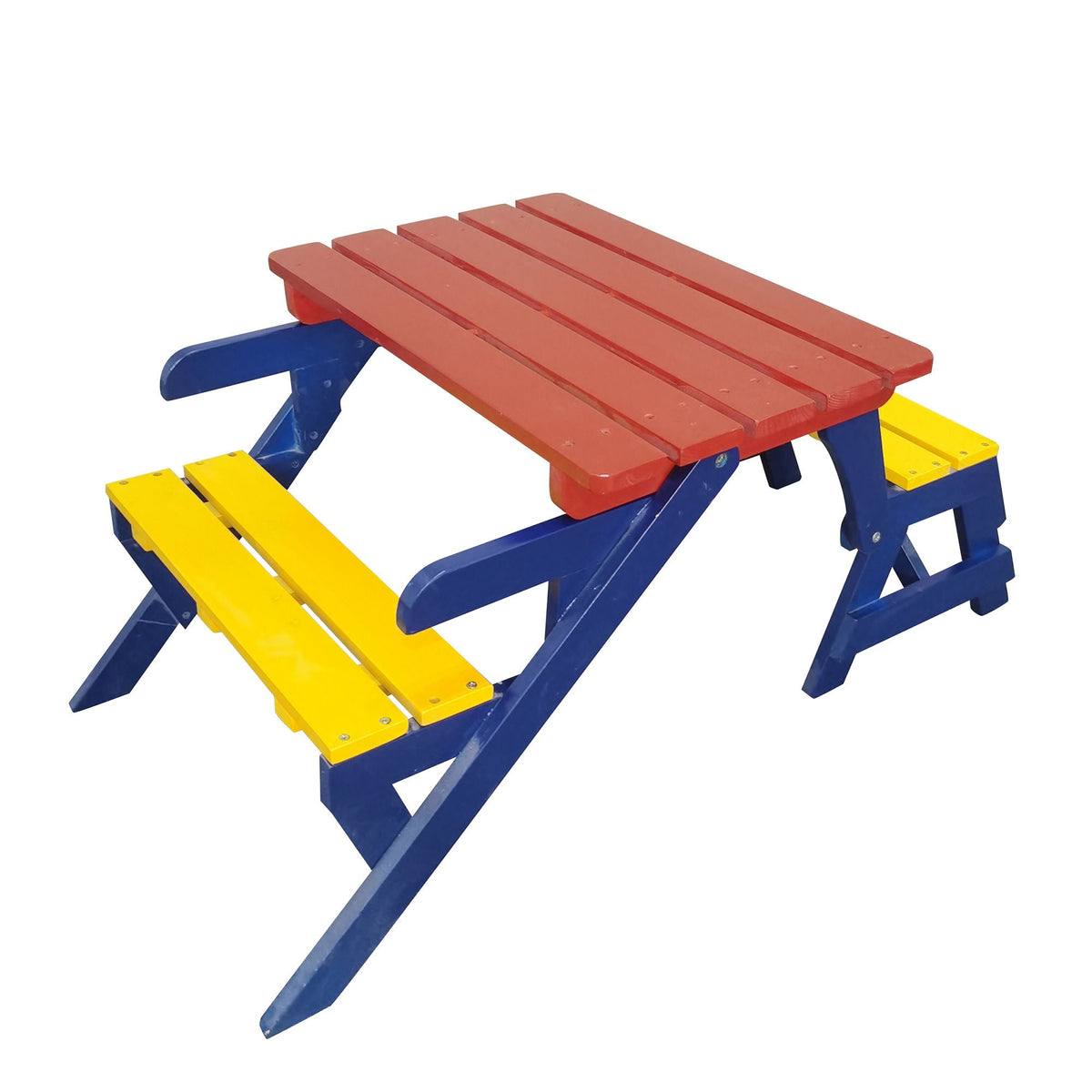 HouseOfZazla solid wood kids 3 piece outdoor set with red slatted tabletop and blue frame on Tampa Home & Garden Store