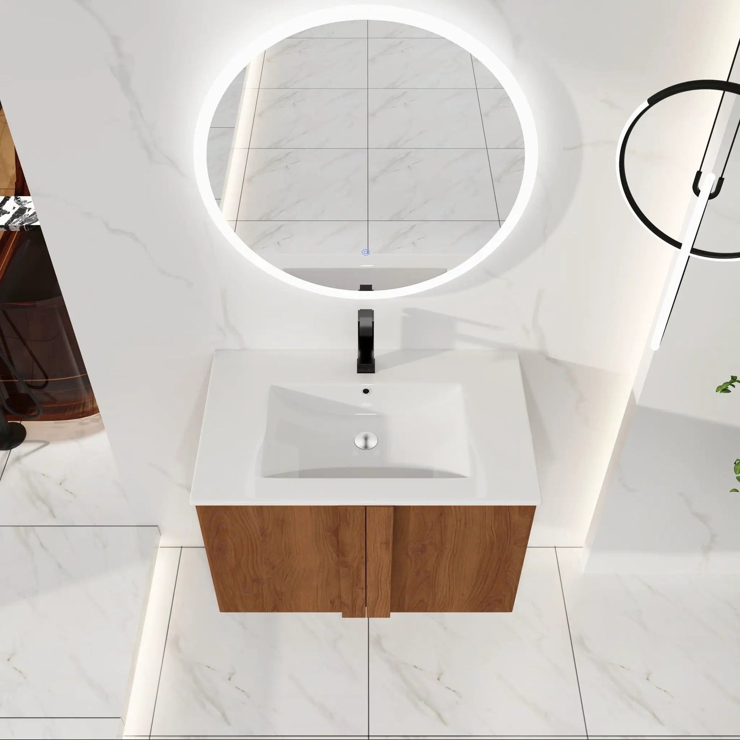 Floating bathroom vanity sink combo white countertop woodgrain cabinet black faucet mirror on Tampa Home & Garden Store