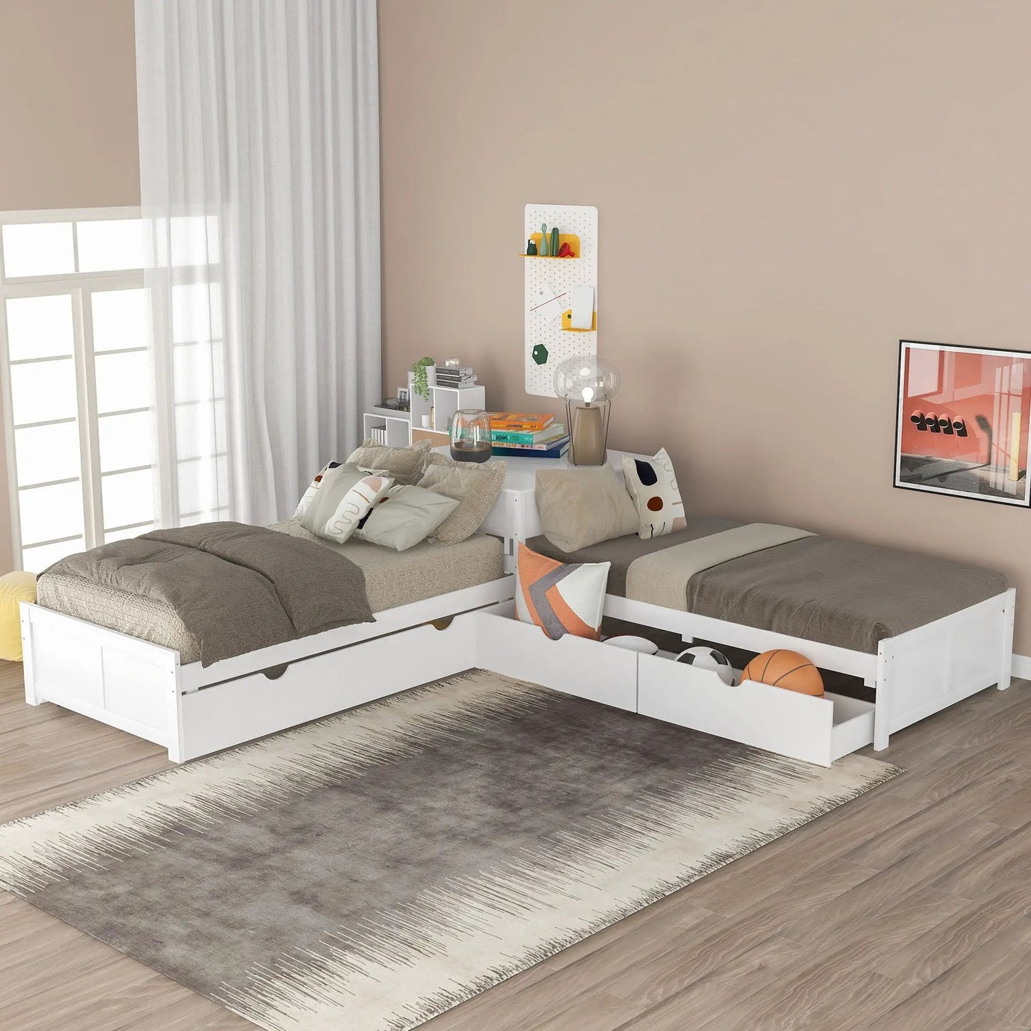 L Shaped Platform Bed With Trundle And Drawers Linked With Built In Desk white finish twin beds on Tampa Home & Garden Store