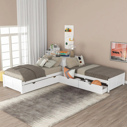 L Shaped Platform Bed With Trundle And Drawers Linked With Built In Desk white finish twin beds on Tampa Home & Garden Store