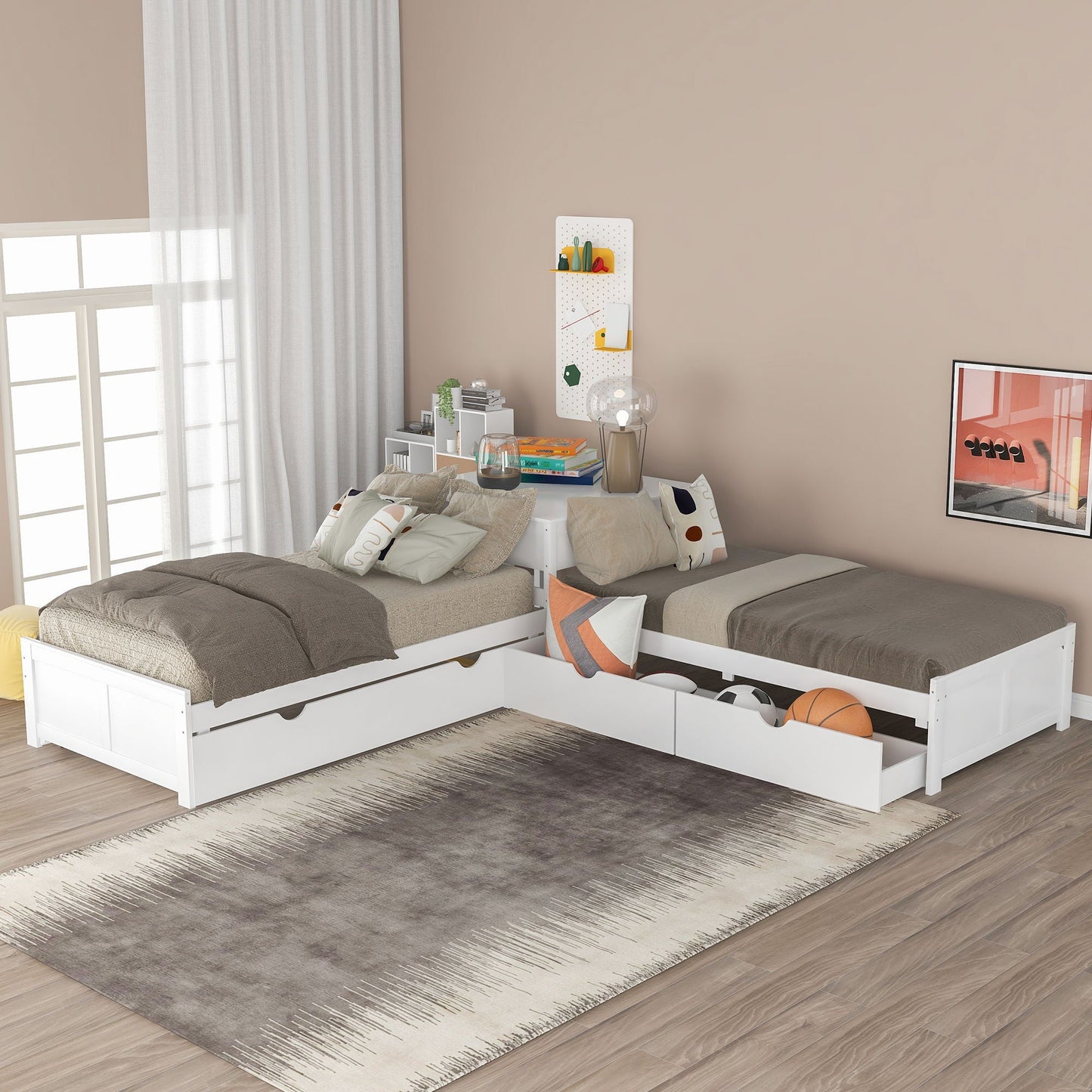 White L-shaped platform bed with built-in desk, two twin frames and under-bed drawers on Tampa Home & Garden Store