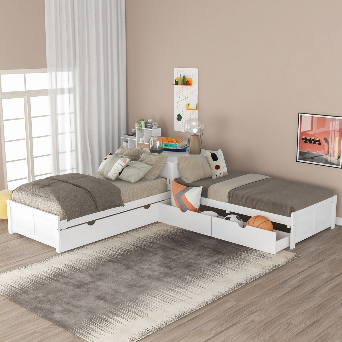 White L-shaped platform bed with built-in desk, two twin frames and under-bed drawers on Tampa Home & Garden Store