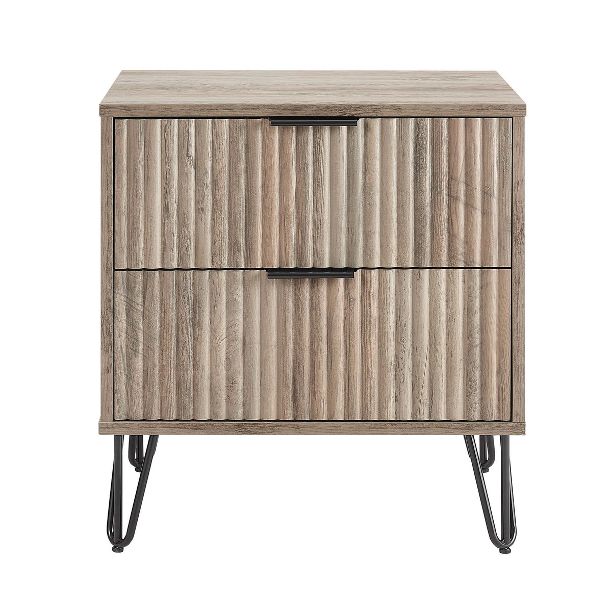 Dumbo Nightstand with 2 drawers and fluted fronts in weathered wood finish, black hairpin legs on Tampa Home & Garden Store
