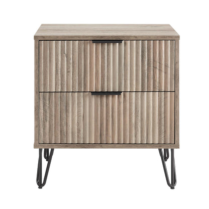 Dumbo Nightstand with 2 drawers and fluted fronts in weathered wood finish, black hairpin legs on Tampa Home & Garden Store