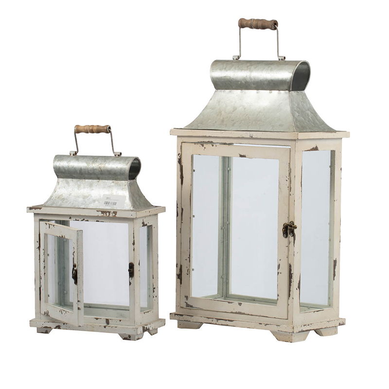Wooden candle lanterns set of two by HouseOfZazla with distressed white frames and glass panels on Tampa Home & Garden Store