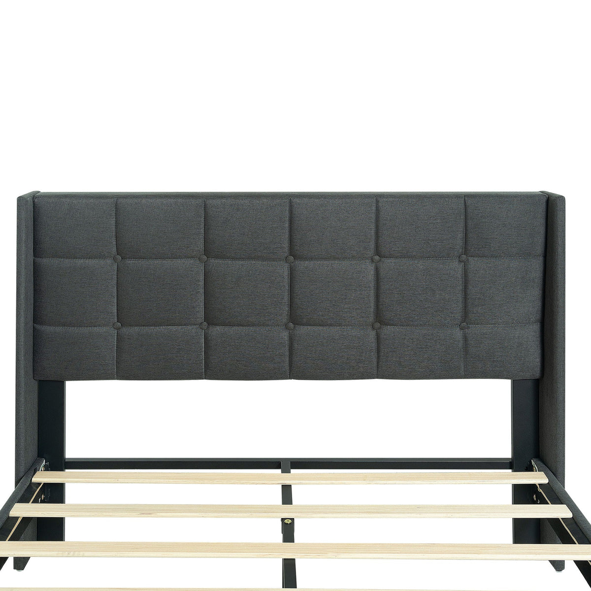 Queen size upholstered platform bed frame with dark gray button-tufted headboard and wood slats on Tampa Home & Garden Store
