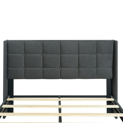 Queen size upholstered platform bed frame with dark gray button-tufted headboard and wood slats on Tampa Home & Garden Store