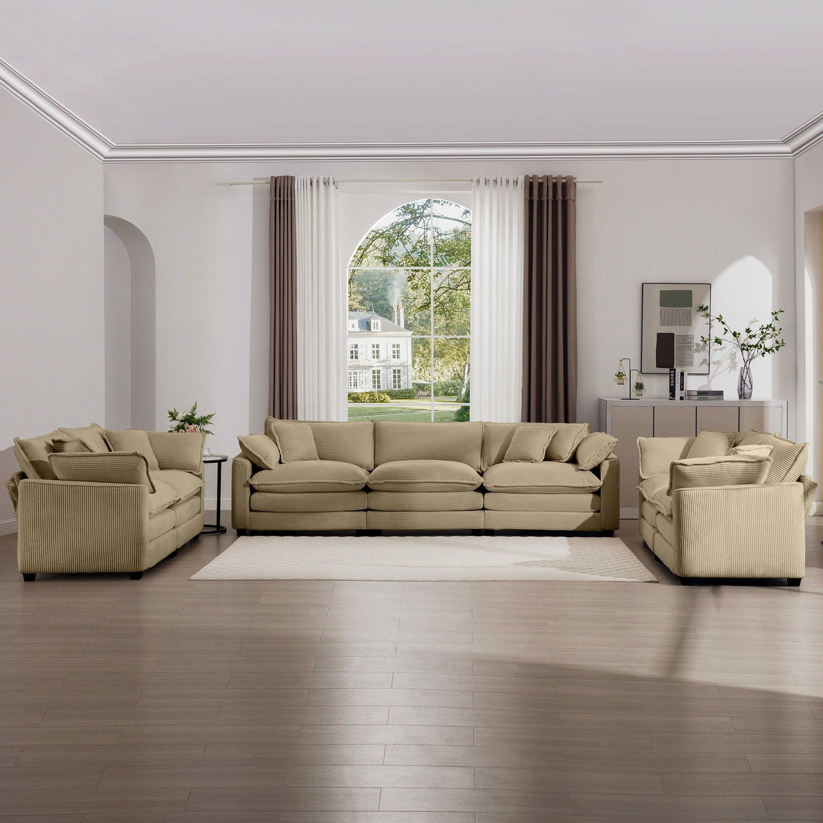 Elegant oversized beige corduroy 3-piece sectional sofa set with deep seats by HouseOfZazla on Tampa Home & Garden Store