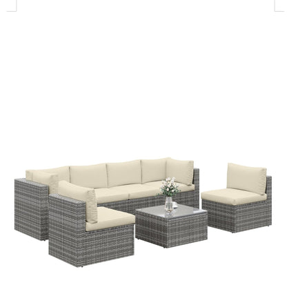 HouseOfZazla modern patio set with beige cushions, gray wicker sectional and coffee table on Tampa Home & Garden Store