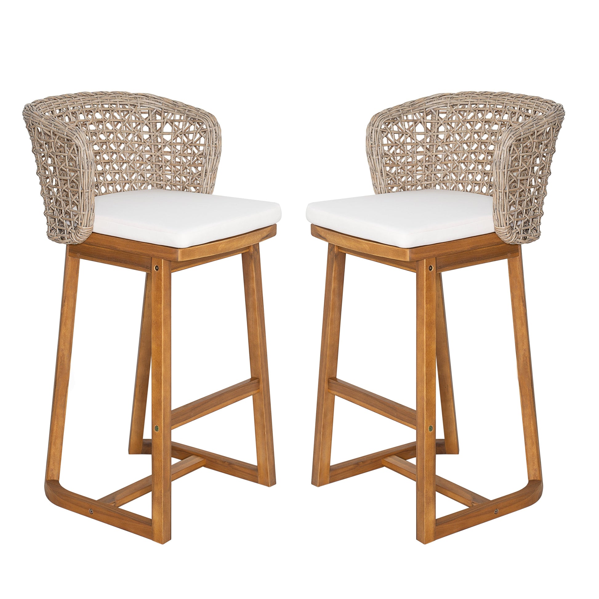 Outdoor Acacia Wood Bar Stools (Set of 2) with woven backs and white cushions on Tampa Home & Garden Store