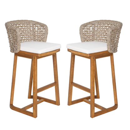 Outdoor Acacia Wood Bar Stools (Set of 2) with woven backs and white cushions on Tampa Home & Garden Store