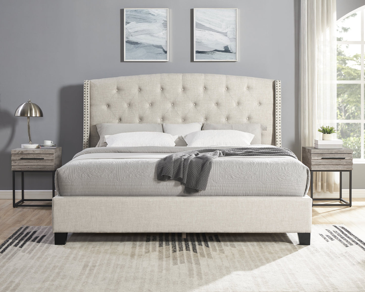 Astral 3-Piece Bedroom Set: tufted wingback bed with two gray nightstands by HouseOfZazla on Tampa Home & Garden Store