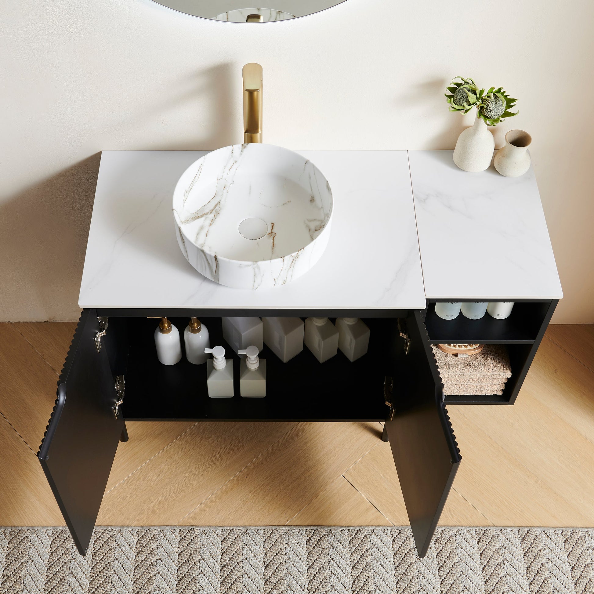 Turio 42in bathroom storage cabinet with white marble vessel sink and gold faucet on Tampa Home & Garden Store