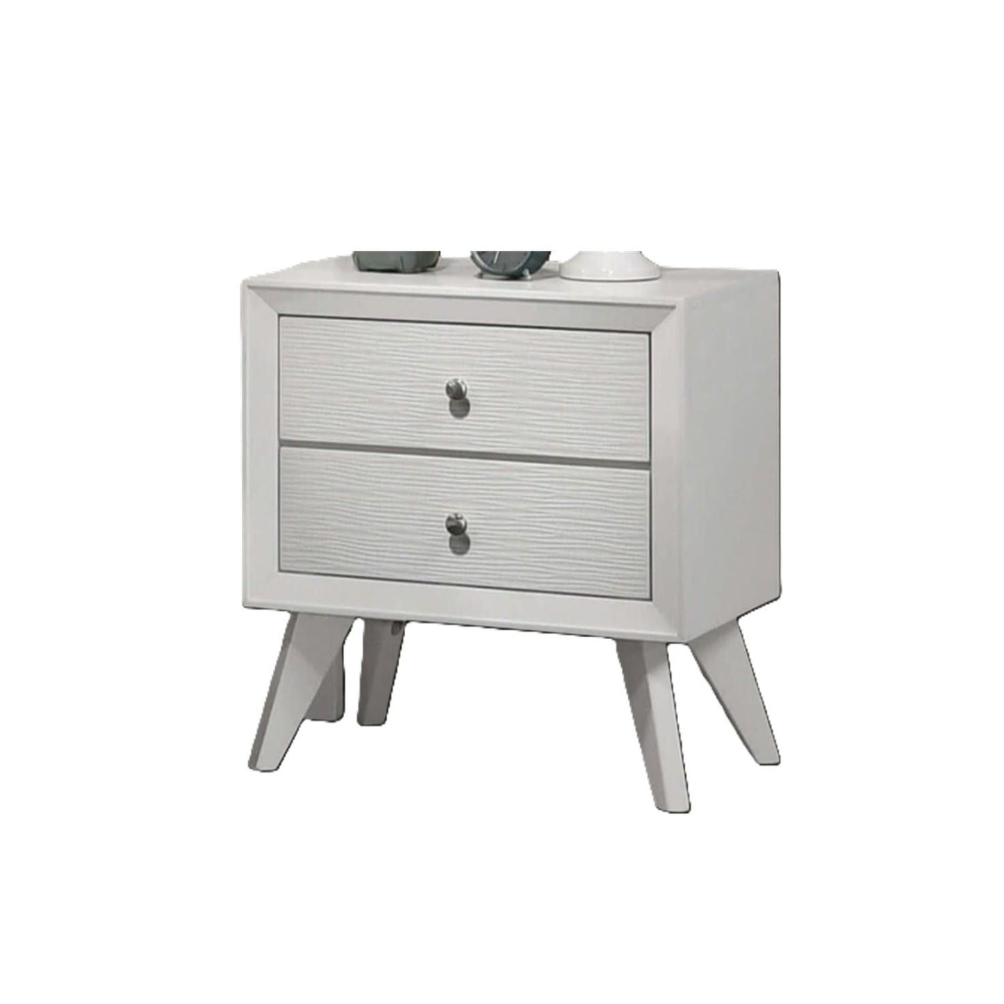 White contemporary nightstand with two wave-texture drawer fronts and angled legs on Tampa Home & Garden Store