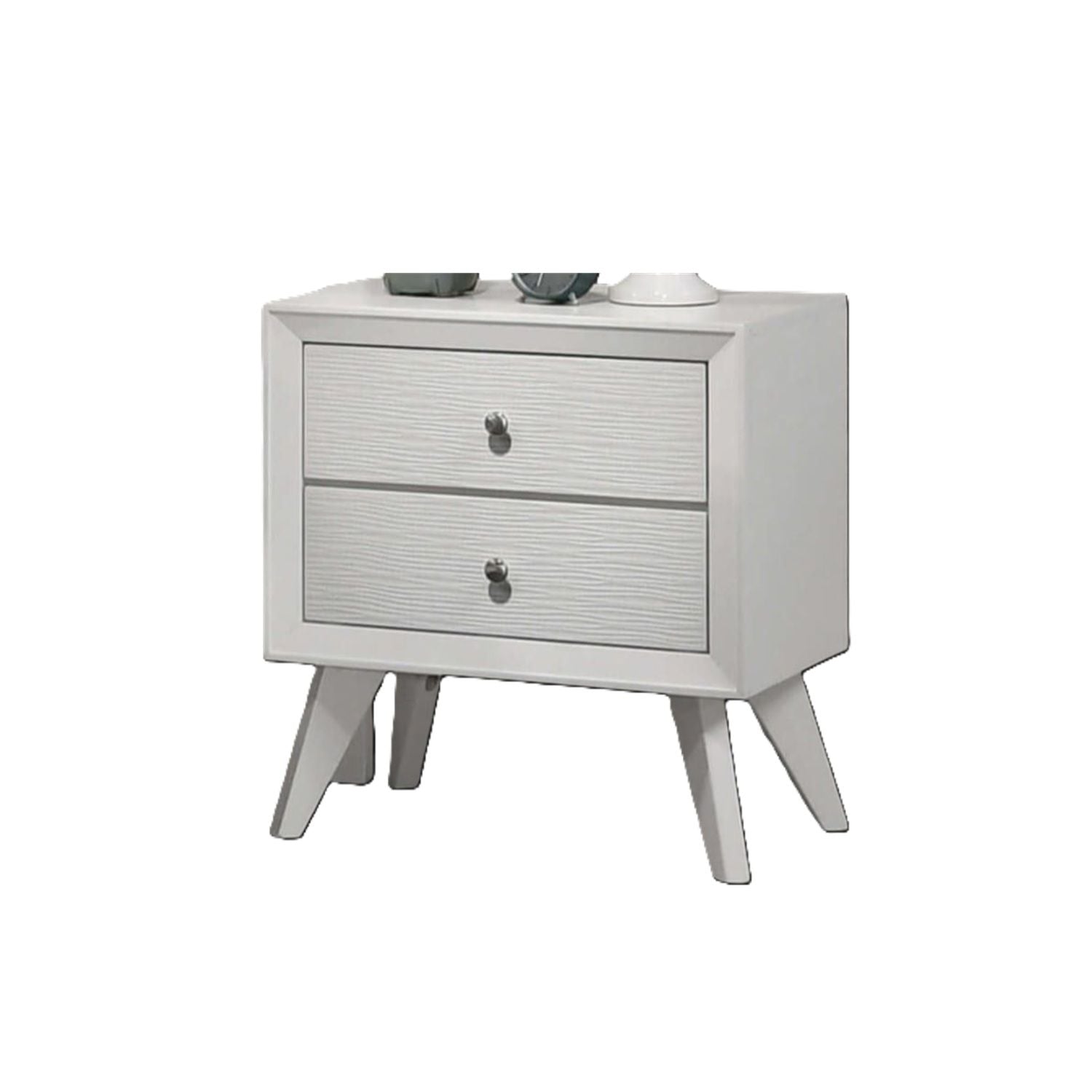 White contemporary nightstand with two wave-texture drawer fronts and angled legs on Tampa Home & Garden Store