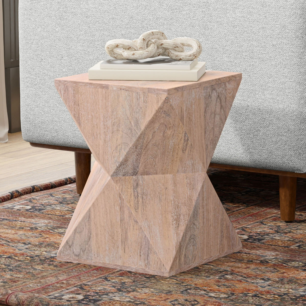 Natural mango wood side table with modern geometric design on Tampa Home & Garden Store