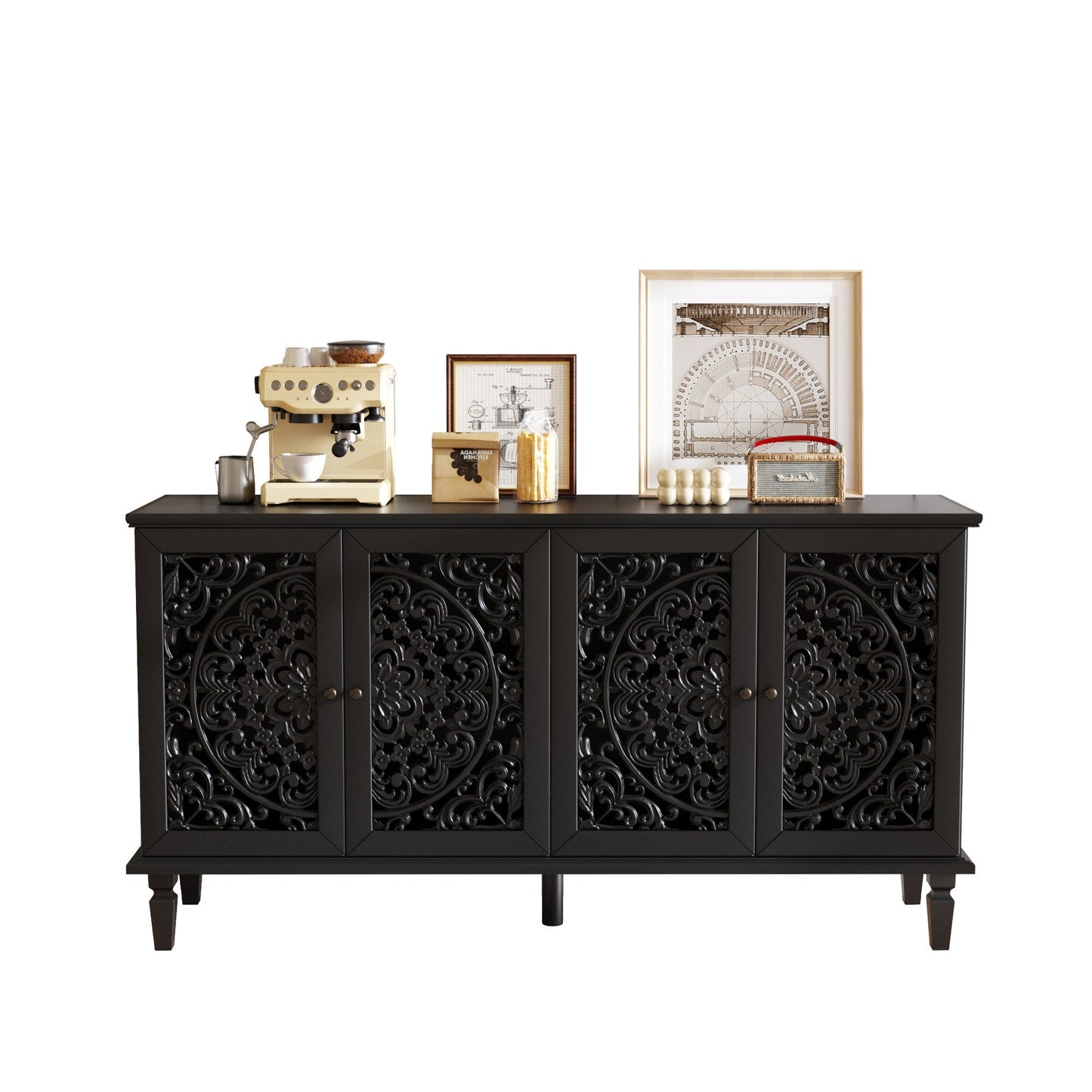 60in Antique Buffet Cabinet with Floral Carvings, black carved wood panels, HouseOfZazla on Tampa Home & Garden Store