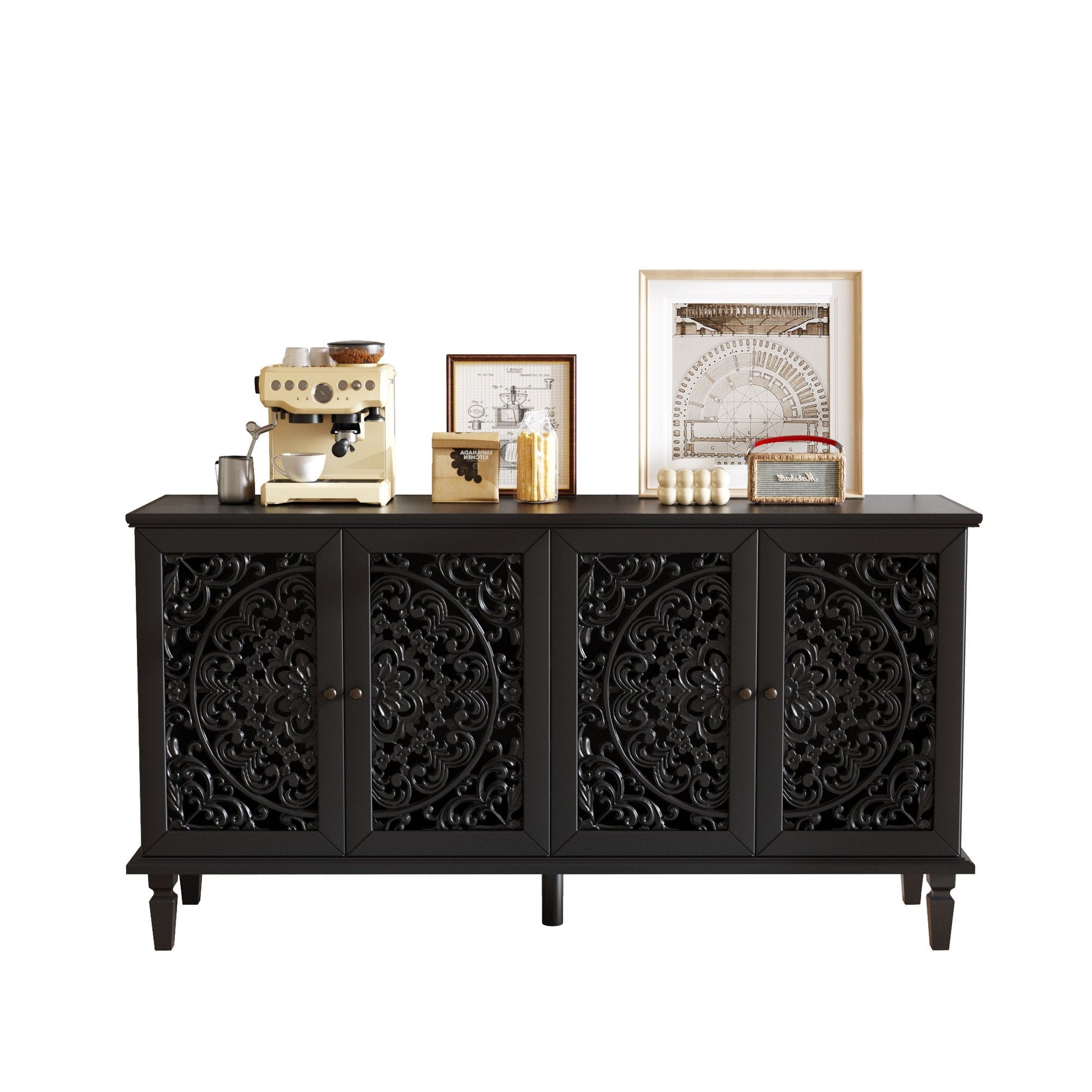 60in Antique Buffet Cabinet with Floral Carvings, black carved wood panels, HouseOfZazla on Tampa Home & Garden Store