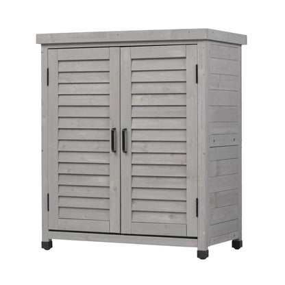 Potting bench with storage cabinet and metal table top in grey wood finish for outdoor use on Tampa Home & Garden Store