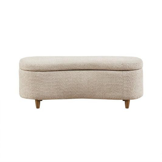 Flip Top Storage Bench by HouseOfZazla, beige fabric, soft close hinges, wooden legs on Tampa Home & Garden Store