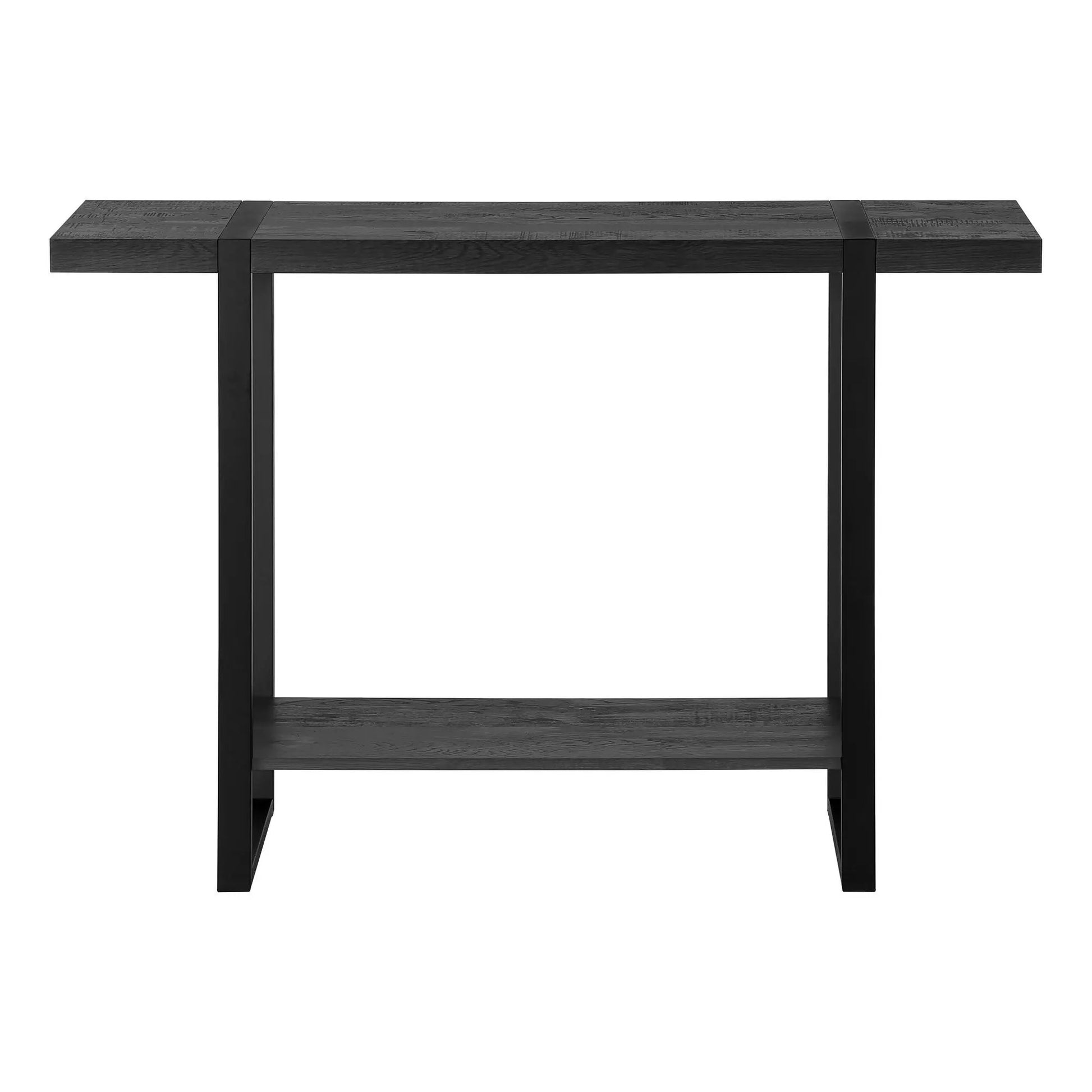 Accent console table for entryway with dark wood top and black metal frame, lower shelf on Tampa Home & Garden Store