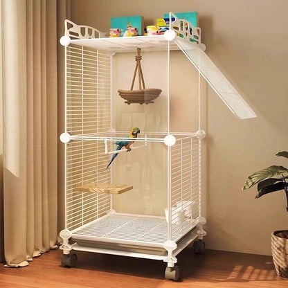 Large Household Luxury New Villa Bird Cage in white with wheels, parrot inside on Tampa Home & Garden Store