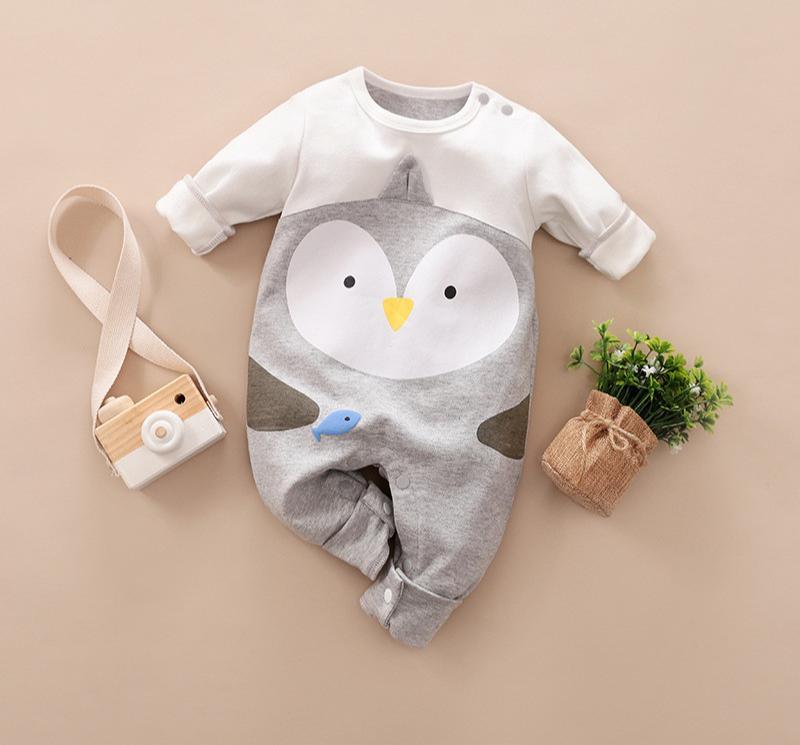 Stevvex baby romper one-piece in grey/white with penguin face print long sleeves footed on Tampa Home & Garden Store