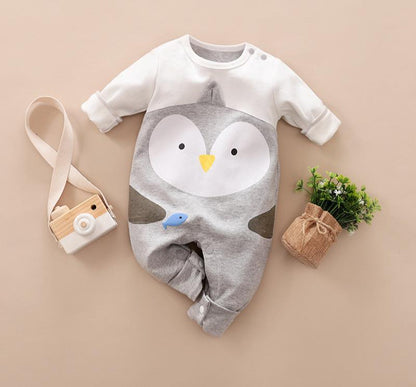 Stevvex baby romper one-piece in grey/white with penguin face print long sleeves footed on Tampa Home & Garden Store