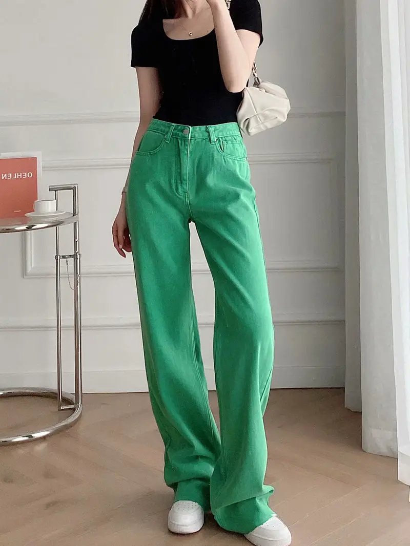 Women's high-waist all-match straight-leg mopping jeans, bright green denim on Tampa Home & Garden Store