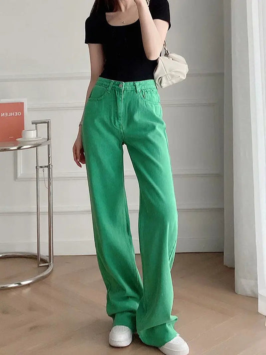 Women's high-waist all-match straight-leg mopping jeans, bright green denim on Tampa Home & Garden Store