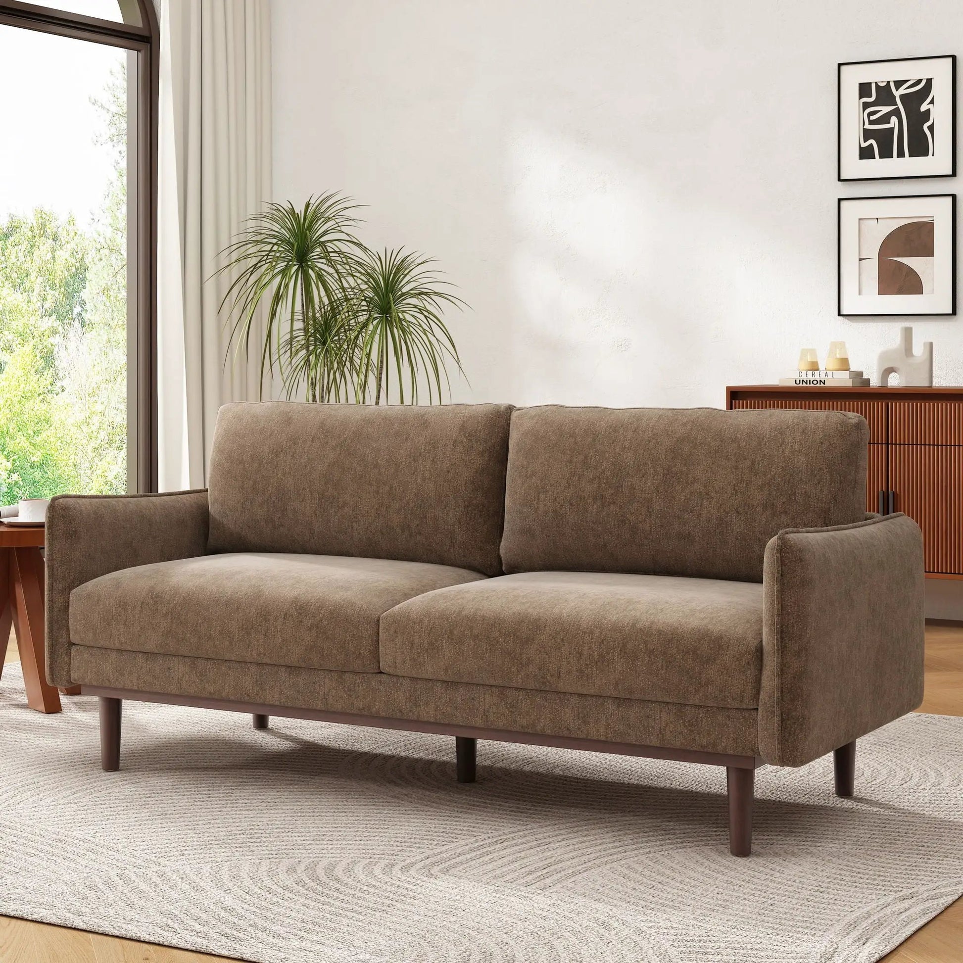 Brown textured loveseat with wood legs, spacious seating, stationary design on Tampa Home & Garden Store